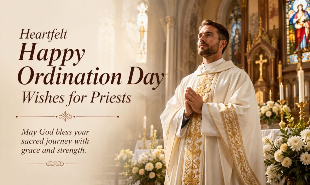 Heartfelt Happy Ordination Day Wishes for Priests
Create a beautiful, ultra-realistic 1200×720 px image for “Heartfelt Happy Ordination Day Wishes for Priests.” Show a newly ordained priest standing inside a magnificent church near the altar, wearing elegant white and gold vestments, flowers and candles around the altar, warm sunlight through stained-glass windows. Keep the left side clean for text. Add: “Heartfelt Happy Ordination Day Wishes for Priests” and “May God bless your sacred journey with grace and strength.” Use the same Playfair Display Italic, deep warm brown text, same elegant divider and typography treatment, realistic cinematic photography, sophisticated religious aesthetic.